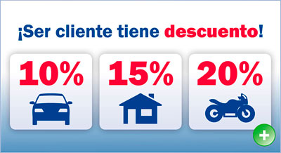 Si contrata un nuevo seguro de Coche, Hogar o Moto se beneficiará de descuentos excepcionales: 10% de descuento para un seguro de coche, 15% de descuento para un Seguro de Hogar y 20% de descuento para un seguro de Moto 